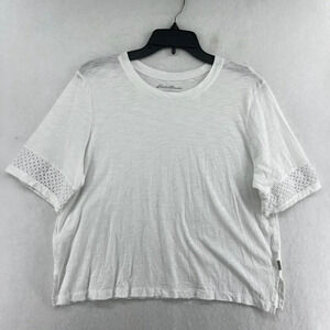 Eddie Bauer T-Shirt Women's Sz L White Relaxed Fit Round Neck Eyelet Sleeves